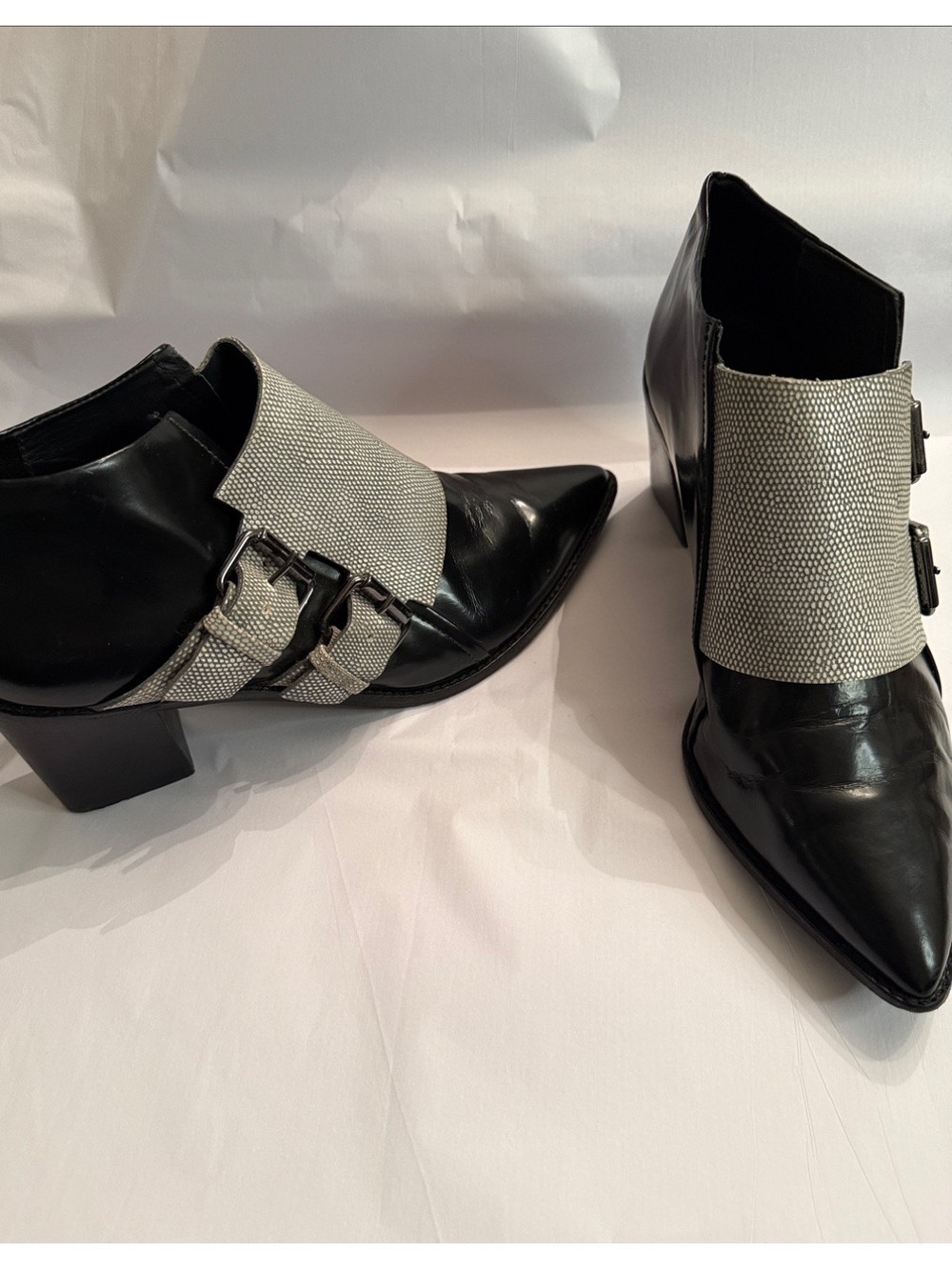 Tibi Piper mixed media Double Buckle Leather Ankle Boots Avant Garde 39